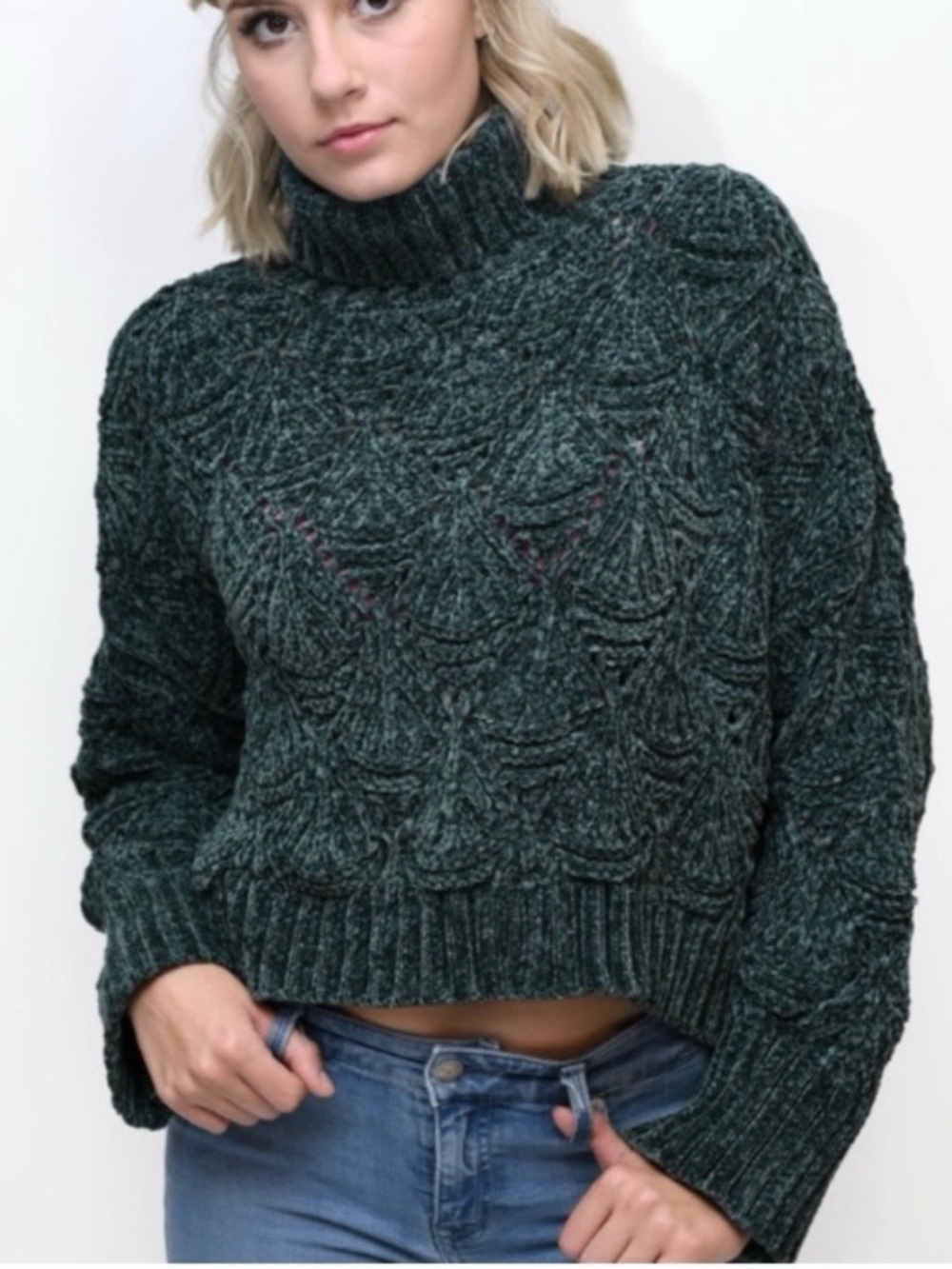 POL Dark Green Chenille Turtleneck Chunky Knit Sweater Large